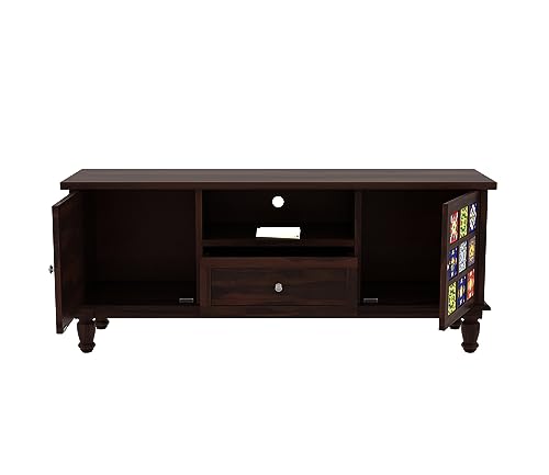 Image of Premium Solid Sheesham Wood TV Unit with 1 Drawer, 3 Shelves, and 2-Door Storage - Accommodates up to 55-Inch TV - Ideal for Elegant Living Rooms (Boho, Walnut Finish)