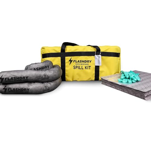 Image of FlashDry Portable Universal Spill Kit - Set of 6 - Vehicle, Industrial, & Emergency safety kits - Yellow Duffle, Bag Tag, 15 Spill Absorbent Pads, 2 3 inch x4' Sorbent Socks, Disposal Bags, Nitrile Gloves