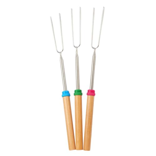 POPETPOP 3pcs Retractable Barbecue Forks Wooden Handle Stainless Steel Design for Grilling Meat and Vegetables Random for Outdoor Cooking
