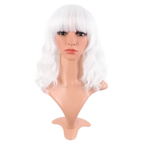 Image of MapofBeauty 14 Inch /35 cm Short Wavy Curly Women Fresh Bright Synthetic Ordinary Flat Bangs Bob Wig (White)