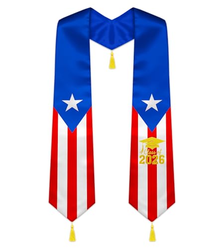 Fihevur Puerto Rico Flag Embroidered Graduation Stole Class of 2026 Puerto Rico Graduation Sash with Gift Box 75 in Length