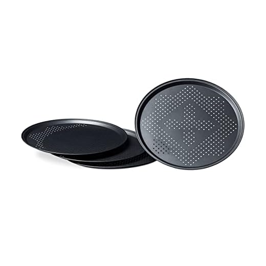 Relaxdays Teglia per Pizza, Set 4, Tegame Rotondo, Forata, Antiaderente, Vassoio per Crostate, Metallo, ∅ 29 cm, Grigio
