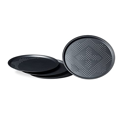 Relaxdays Teglia per Pizza, Set 4, Tegame Rotondo, Forata, Antiaderente, Vassoio per Crostate, Metallo, ∅ 29 cm, Grigio