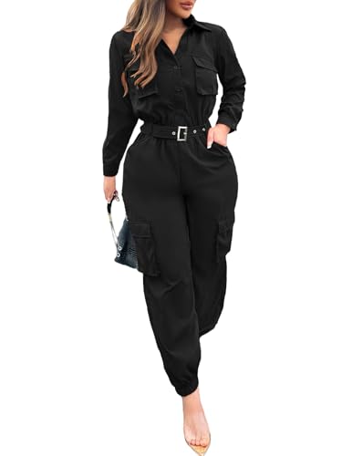 Gudasuo Women Jumpsuits Utility Long Sleeve Casual Coveralls for Work Cargo Joogers Pants with Pockets Belt (0061,BK,M)