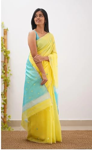 Image of Women's Cotton Woven Soft Sarees With Attach Blouse Piece.
