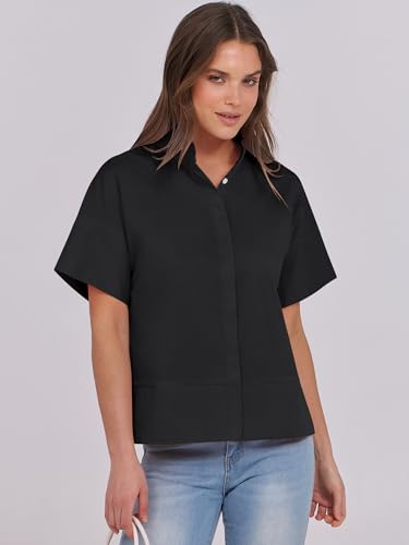 ANRABESS Women Short Sleeve Button Down Cropped Shirts Oversized Boxy Loose Fit Dressy Business Casual Office Work Top Blouse2