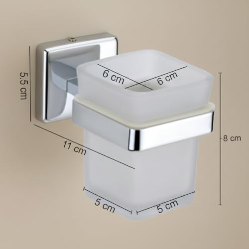 Image of 304 Stainless Steel Frosted Glass Tumbler Holder | Wall Mounted Toothbrush Holder with Frosted Glass Cup | Rust Proof Bathroom Toothbrush Stand | Chrome Finish Bathroom Accessories (Square-27N)