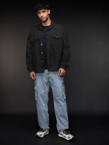 Image of The Souled Store Denim Jacket: Onyx Men and Boys Full Sleeves Spread Collar Black Solid Cotton Oversized Fit Durable Lightweight Everyday Denim Jacket