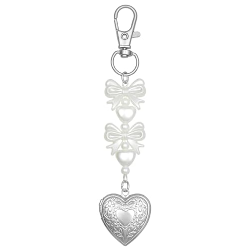 Cute Heart Keychain Silver,Y2K Locket Photo Bow Bag Charm Purse Women - image 1