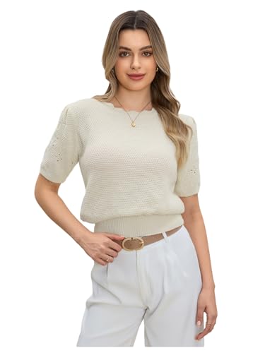 Verdusa Women's Puff Short Sleeve Knit Top Crew Neck Distressed Pullover Lightweight Sweaters