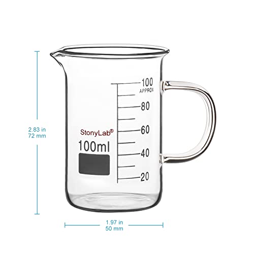 Image of stonylab Glass Beaker with Handle, Borosilicate Glass Graduated Low Form Griffin Beaker with Handle and Pouring Spout, 100 ml (Pack of 2)