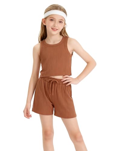 Image of NEW 6-14Y Tween Girls Stretchy Rib Knit Outfit Rayon Tank & Shorts Set Casual Lounge Playwear