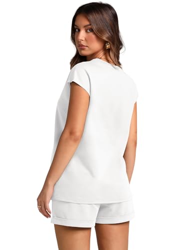Image of WIHOLL 2 Piece Sets for Women Casual Summer Travel Vacation Outfits Cap Sleeve Shorts Lounge Set