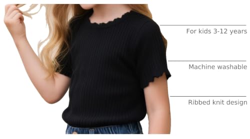 Image of Girls Summer Lettuce Trim Ribbed Knit Short Sleeve T-Shirts Solid Color Casual Blouse Tops