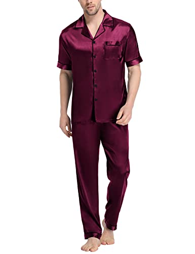 Image of SWOMOG Mens Satin Pajama Set Short Sleeve Classic Sleepwear Button Down Silky Loungewear with Long Pants Deep Wine Red Medium