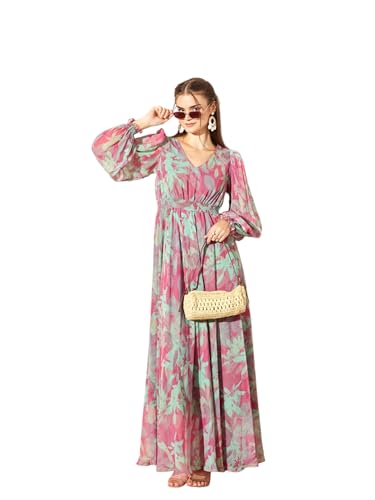 Image of Miss Chase Women's Multicolored-Base-Brown Relaxed Fit Maxi Lurex Chiffon Dress