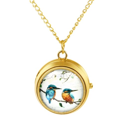 JewelryWe Montre à Gousset Femme: Montre de Poche Quartz Élégante avec Cadran Lisible Chiffres Arabes et Boîtier Rotatif Décor Oiseaux Vintage...