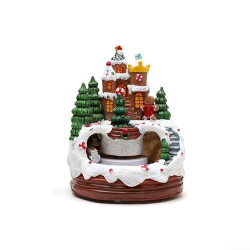 Casa de pueblo navideña con tren en movimiento y luces cálidas musicales, adorno decorativo de resina alimentado por USB o baterías para ambiente festivo (B)