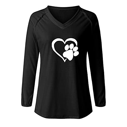 Camiseta feminina com gola V, manga comprida, pulôver com estampa de coração e patas, blusas casuais