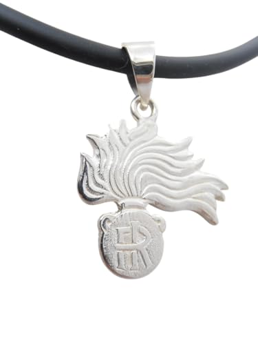 Fiamma dell' Arma dei Carabinieri : Ciondolo in Argento 925 e Girocollo in Caucciù con chiusura in Argento 925 - Pendente