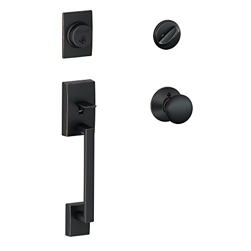 Image of SCHLAGE F60 CEN 716 Century Single Cylinder Handleset and Plymouth Knob, Aged Bronze | Front door handleset with deadbolt & interior knob, Easy install, Universal fit, Certified security & durability, 2 keys