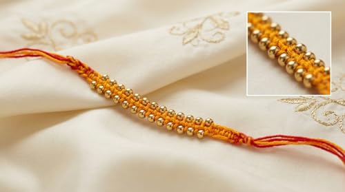 Image of Set of 12 Elegant Rakhi for Bhaiya with Roli Chawal, Traditional Gold Beaded Red & Yellow Thread for Brother, RakshaBandhan Rakhi Combo Pack for Family