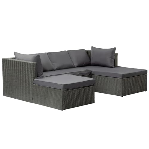 Garden Corner L Shaped Rattan Patio Set - 3 Seat Sofa, Chaise Lounger Foot Stool, UV Protected Weather Resistant Fabric with Cushions in Dark Grey