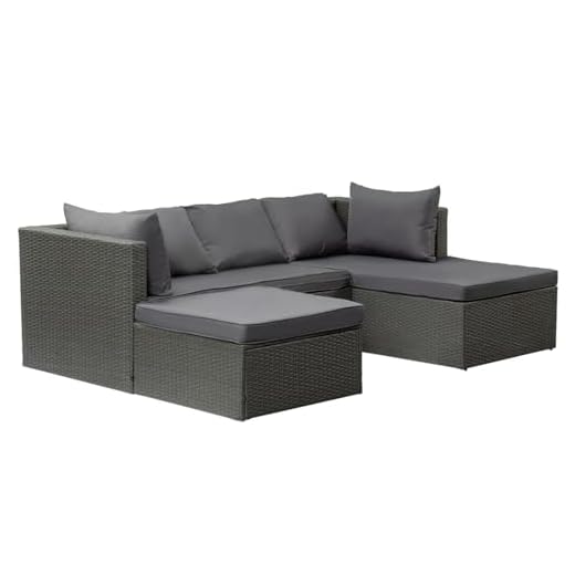 Garden Corner L Shaped Rattan Patio Set - 3 Seat Sofa, Chaise Lounger Foot Stool, UV Protected Weather Resistant Fabric with Cushions in Dark Grey
