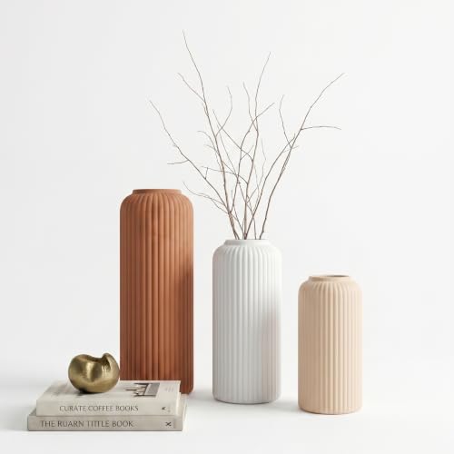 Image of KREATIVE ART'S Ribbed Ceramic Flower Vase Set of 3 -Earthly Tone | Ceramic Vases for Home Decor, Home Decor Items for Living Room, (Terracotta, White & Nude Beige Vases -Set of 3 pcs)