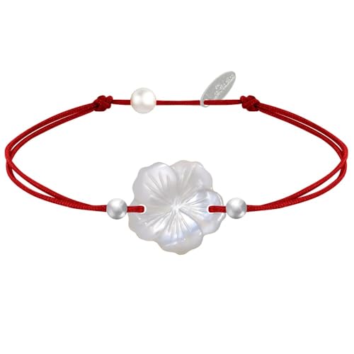 LES POULETTES BIJOUX - Bracelet Lien Fleur de Nacre Ivoire et Perles d'Argent 925 - Classics - Rouge