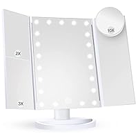 HUONUL Makeup Mirror Vanity Mirror with Lights, 2X, 3X, 10X Magnification, Touch Control, Trifold, White, 9.4\" L x 13.4\" W, Modern Style, Dresser Mount, Bathroom