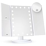 HUONUL Makeup Mirror Vanity Mirror with Lights, 2X, 3X, 10X Magnification, Touch Control, Trifold, White, 9.4' L x 13.4' W, Modern Style, Dresser Mount, Bathroom