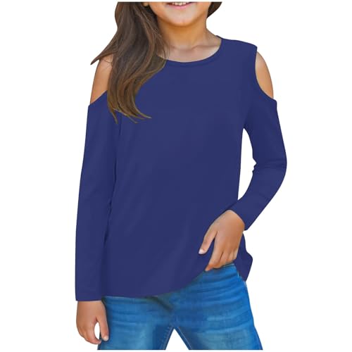 Girls' Cold Shoulder T-Shirts Loose Fit Casual Solid Cute Long Sleeve Pullover Crew Neck Tee Tops 3-12 Years