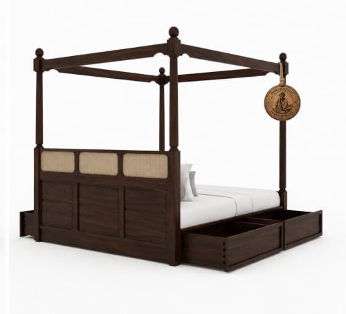 Image of Sheesham Solid Wood Allure Poster Bed for Bedroom | Handmade Wooden Cot | Elegant Four Poster King Size Bed Frame (Walnut, Queen, Allure with Storage(Cane))