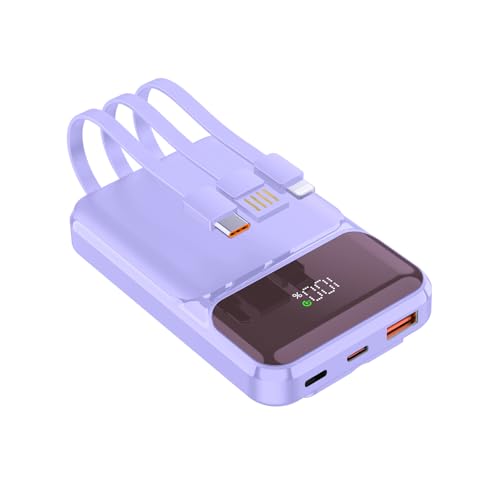 Powerbank 10.000 mAh PD 22,5 W QC 4.0 Ricarica Rapida Uscite USB-C con Cavi di Ricarica Rapida Integrati Caricatore Portatile Compatibile con iPhone Samsung Google Pixel LG (Viola)