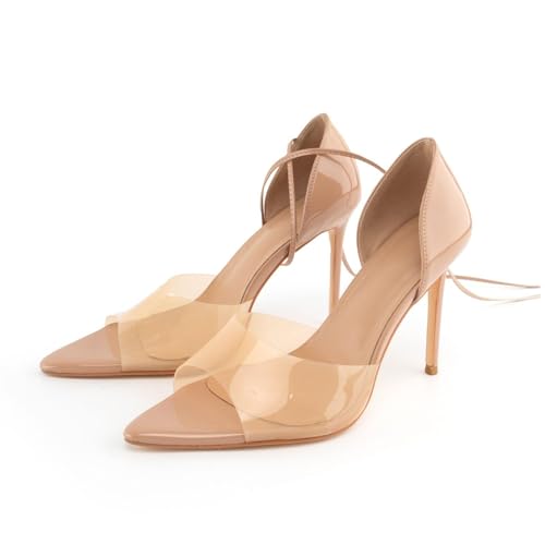 heelchic Clear Strap Heels for Women, Nude Pumps, Strappy Transparent Heeled Sandals Open Toe Slip On Shoes3