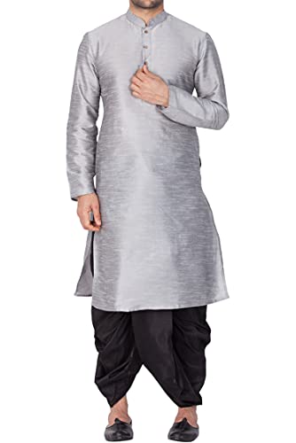 Image of Vastramay Men's Brown Silk Blend Kurta and Gold Dhoti Pant Set - Traditional Ethnic Wear for Weddings, Festivals & Celebrations