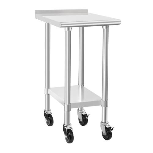 Image of HARDURA Stainless Steel Commercial Work Table with Wheels Prep & Work Metal Table 24x18 Inches Heavy Duty NSF with Casters and 2 inch Backsplash