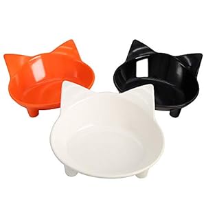 SLSON 3 Pack Cat Feeding Bowls, 8 Ounce Shallow Cat Water and Food Bowl with Non Slip Rubber for Relief of Whisker Cats, Black and White and Orange