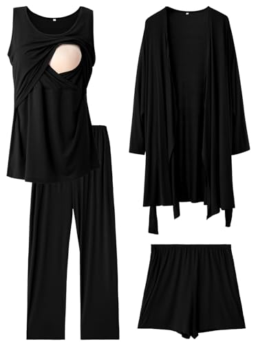 Rnxrbb 4 PCS Nursing Pajamas Gown Set Postpartum Pajama Nightgown Breastfeeding Pj for Hospital Labor Delivery,Black XL