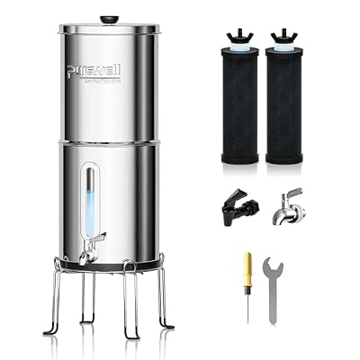 Purewell 2.25G Gravity Water Filter System with Water Level Window, 3-Stage 0.01?m Ultra-Filtration Stainless Steel Countertop System with 2 Filters and Stand, Reduce 99% Chlorine, PW-KS
