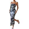 LIGHT DOT Women's Summer Dress Printed Strapless Tube Bodycon Maxi Side Slit Mesh Layered (Grey,S)