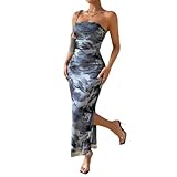 LIGHT DOT Women's Summer Dress Printed Strapless Tube Bodycon Maxi Side Slit Mesh Layered (Grey,XS)