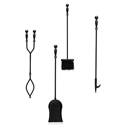 DOEWORKS 4 Pieces Fireplace Tools Sets with Handles Wrought Iron Fire Tool Set for Indoor Fireplace and Outdoor Fire Pit (Poker, Tongs, Shovel, Brush)