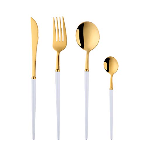 Buyer Star Juego de cubiertos de oro blanco 4 piezas Utensilios de acero inoxidable Incluye Cuchillo Tenedor Cuchara Cucharita, Elegante diseño pulido espejo Cover