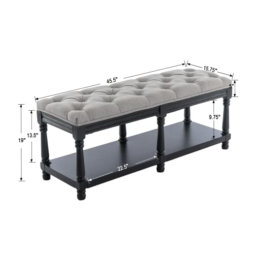 Janoray Farmhouse Storage Bench Wooden Entryway Linen Upholstered Ottoman Button Tufted Bench With Black Legs For Bedroom End Of Bed Hallway Organizer, Grey, 45 Inch #TOP1