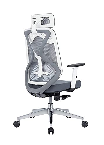 MBTC Revive Ergonomic High Back Office Chair with Adjustable Seat Depth Slide, Arms, Lumbar Support, Headrest, Grey & White