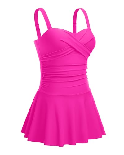 Image of Aqua Eve One Piece Swim Dress Tummy Control Swimsuit with Skirt Modest Bathing Suit Vintage Swimdress