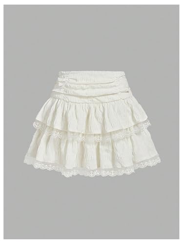 GORGLITTER Women's Lace Ruffle Mini Skirts Y2K Ruched Layered High Waist Flowy Short Skirt2