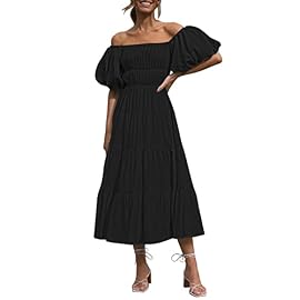 TIKSAWON Women’s Off Shoulder Dress Square Neck Ruffle Puff Sleeve Elastic High Waist Midi Dress Black, XL